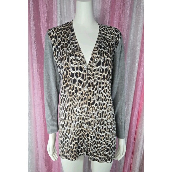 Chico's Leopard Gray Rhinestone Cotton Long Cardigan Sweater Size Medium 8-10 - Picture 2 of 12